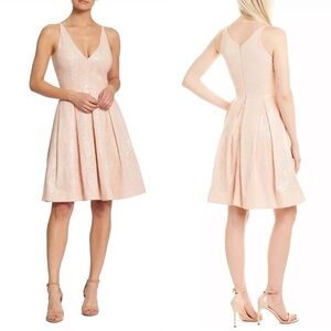 DRESS THE POPULATION COLETTE SLEEVELESS FIT & FLARE SEQUIN PINK NUDE PARTY DRESS